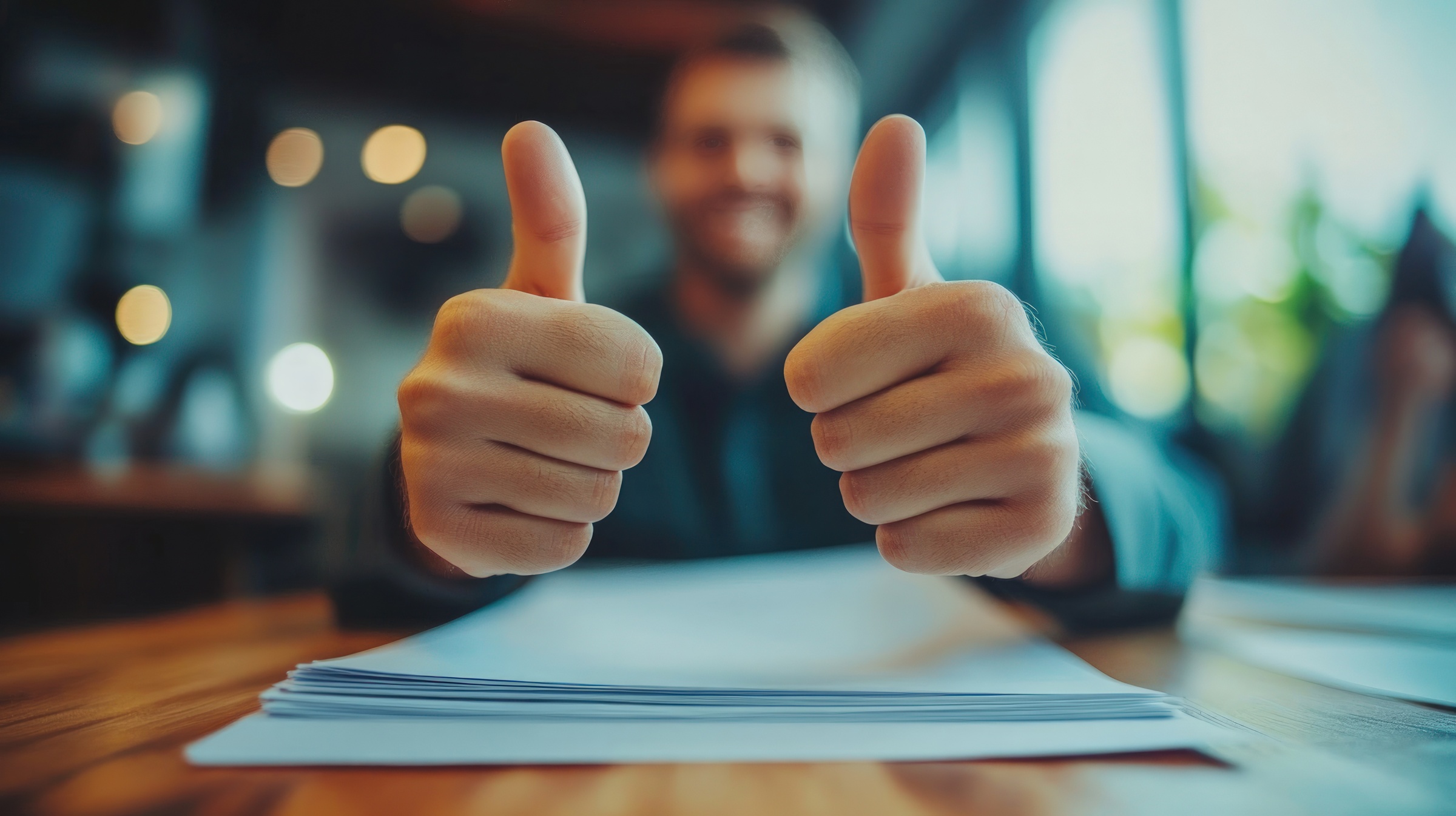 A person giving two thumbs up while holding an empty paper sheet, indicating that they have been successful in their work and are now being rewarded with a stack of papers on the table. The background should be blurred to focus attention on the hands showing the thumbs-up gesture, creating an atmosphere where team members celebrate each other for a positive outcome, which is evident from the documents in hand. Realistic photography in the style of a professional photographer. . --ar 16:9 --stylize 250 --v 6.1 Job ID: 331eee15-7a8b-4001-9f87-4a64c3461c35